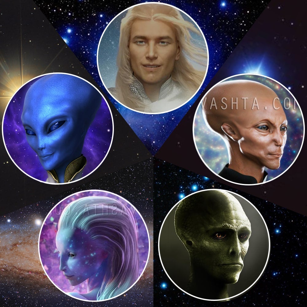 An image by Vasta.com depicting various space races known to be in the positive Confederation. 