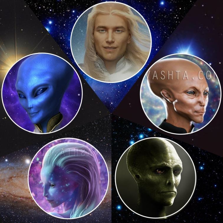 An image by Vasta.com depicting various space races known to be in the positive Confederation.