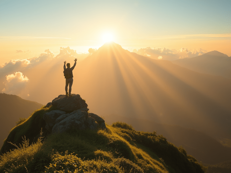 A depiction of a person on mountaintop bathed in the golden rays of a setting sun.