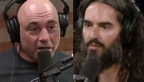 A picture featuring images of Joe Rogan and Russell Brand.