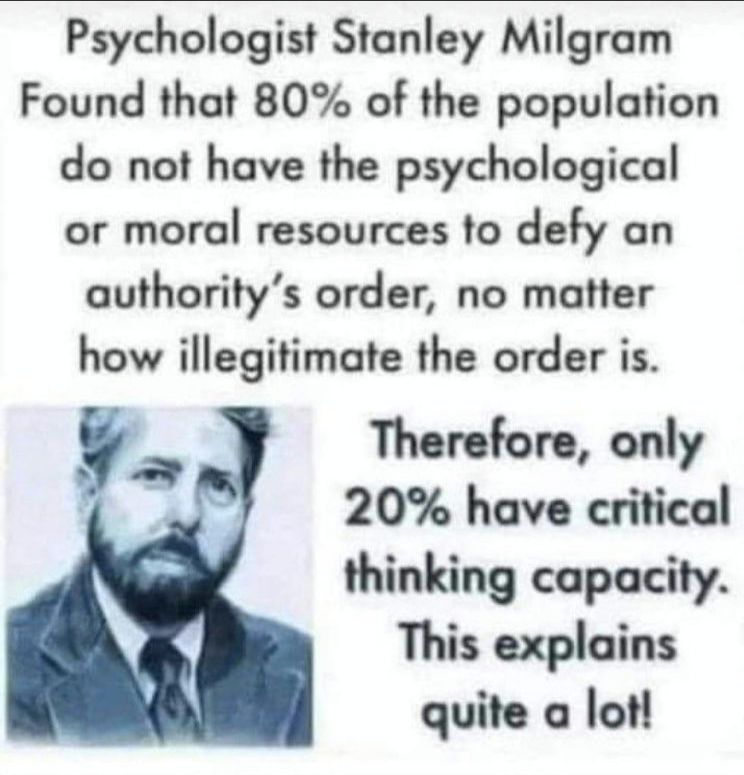 A meme which reads: "Psychologist Stanley Milgram found that 80% of the population do not have the psychological or moral resources to defy an authority's order, no matter how illegitimate the order is. Therefore, only 20% have critical thinking capacity."