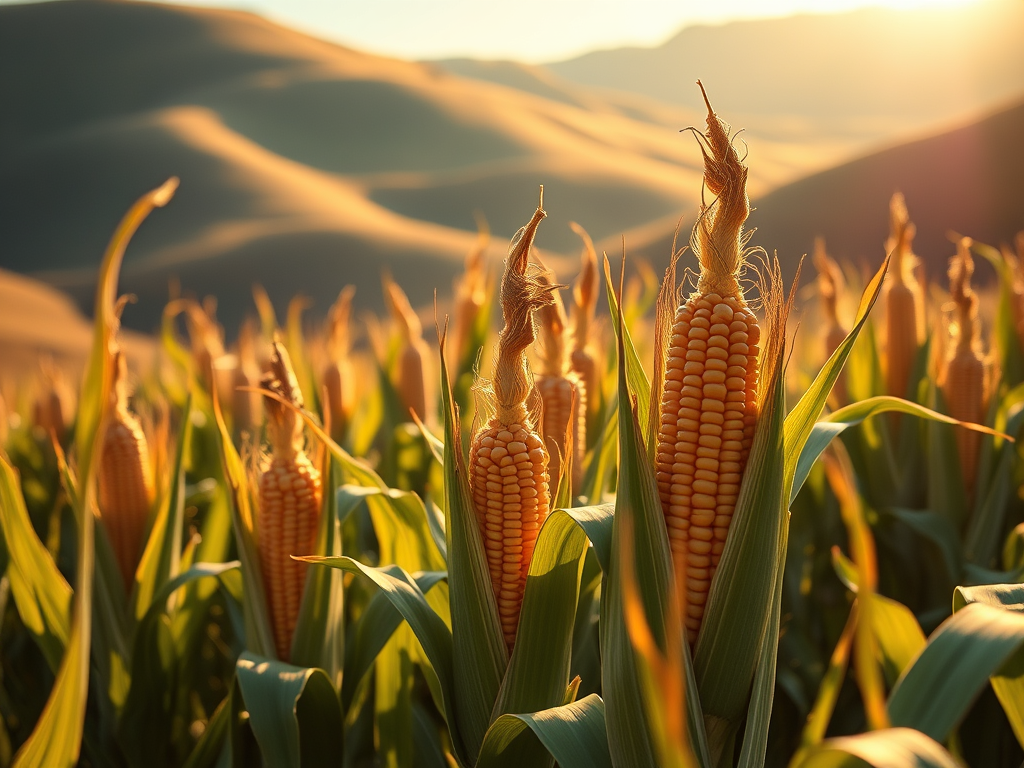 Ripe ears of corn protrude from their stalks in a field. 