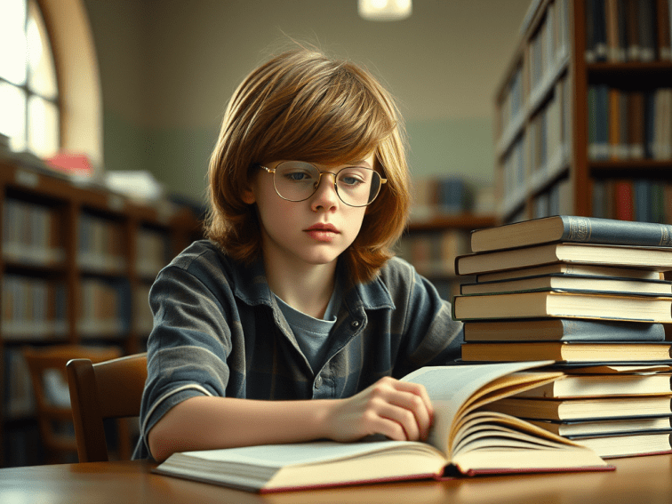An image depicting the Author as a boy studying in a library. 