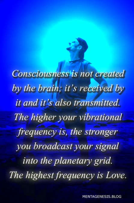 A meme which declares: "Consciousness is not created by the brain; it's received by it and it's also transmitted. The higher your vibrational frequency is, the stronger you broadcast your signal into the planetary grid."