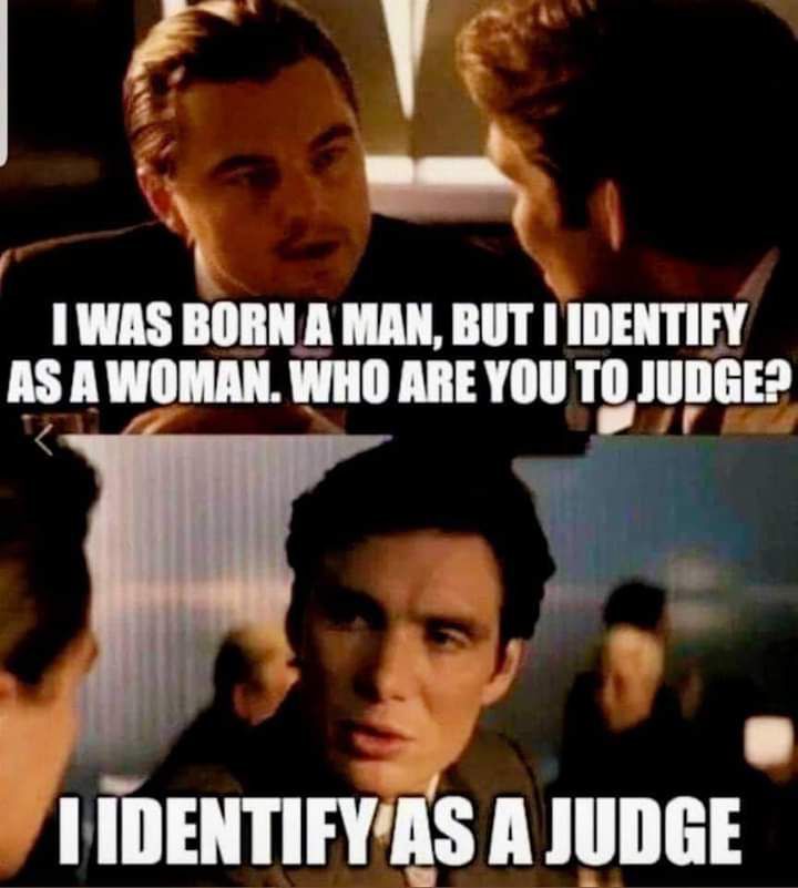 A meme where a man asks his companion; "I was born a man, but I identify as a woman, who are you to judge?" His friend answers; "I identify as a judge."