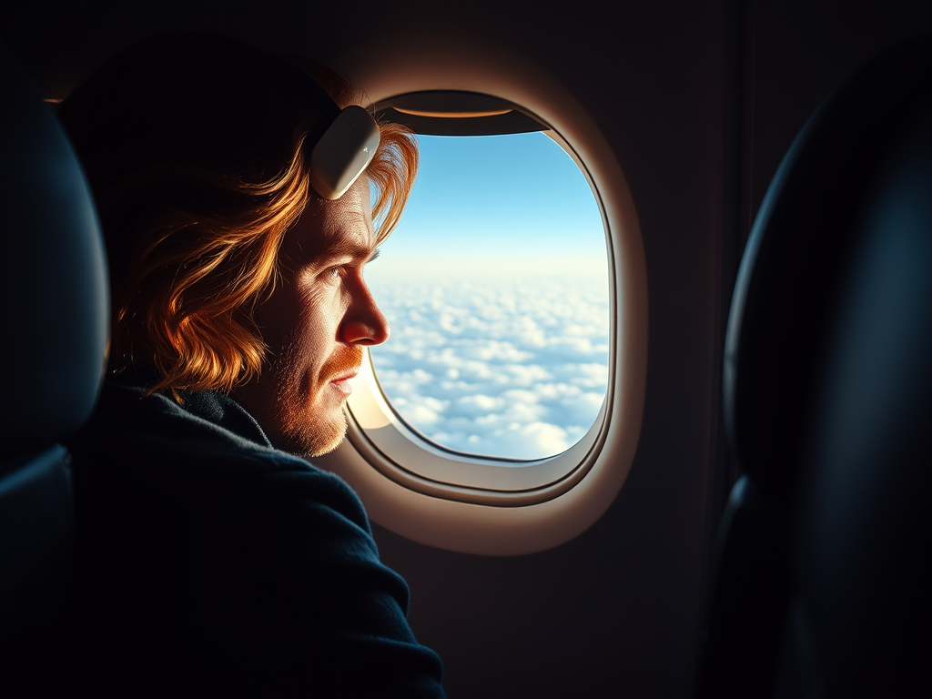 An illustration depicting the Author looking out the window of a passenger jet.