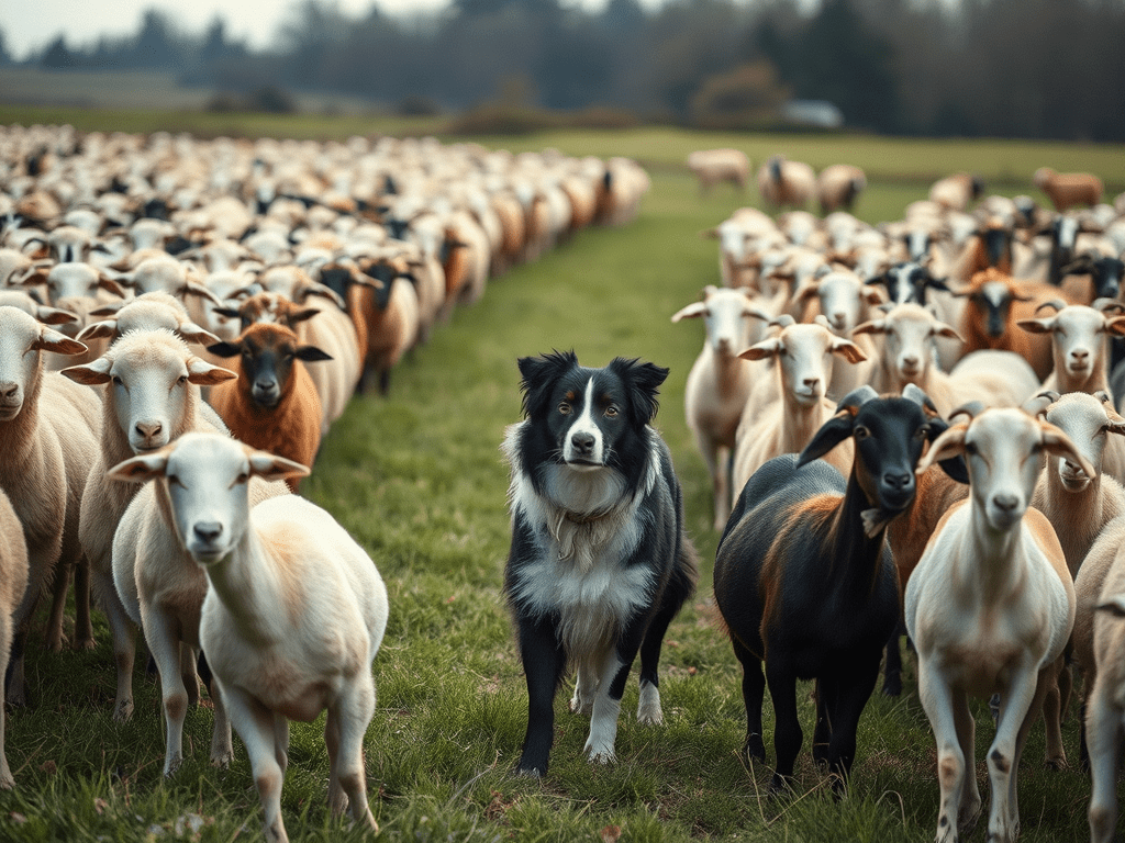 A border collie stands between two groups of sheep in a field.