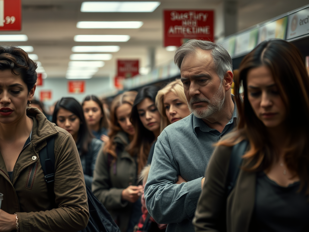 An image of people standing in line to obey authority figures.