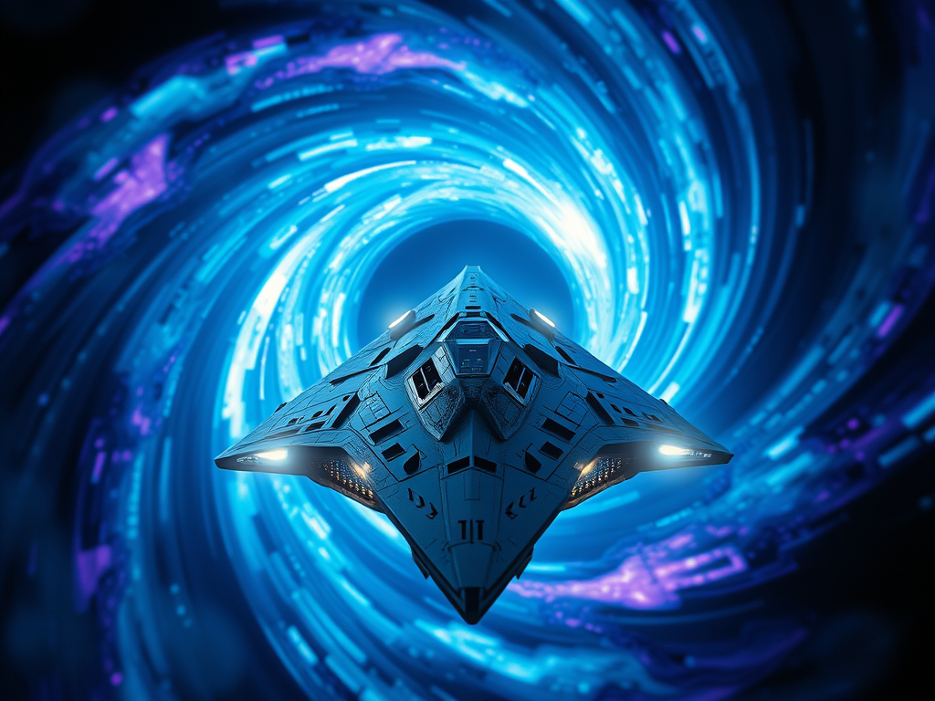 A large spacecraft entering a sub-space portal.