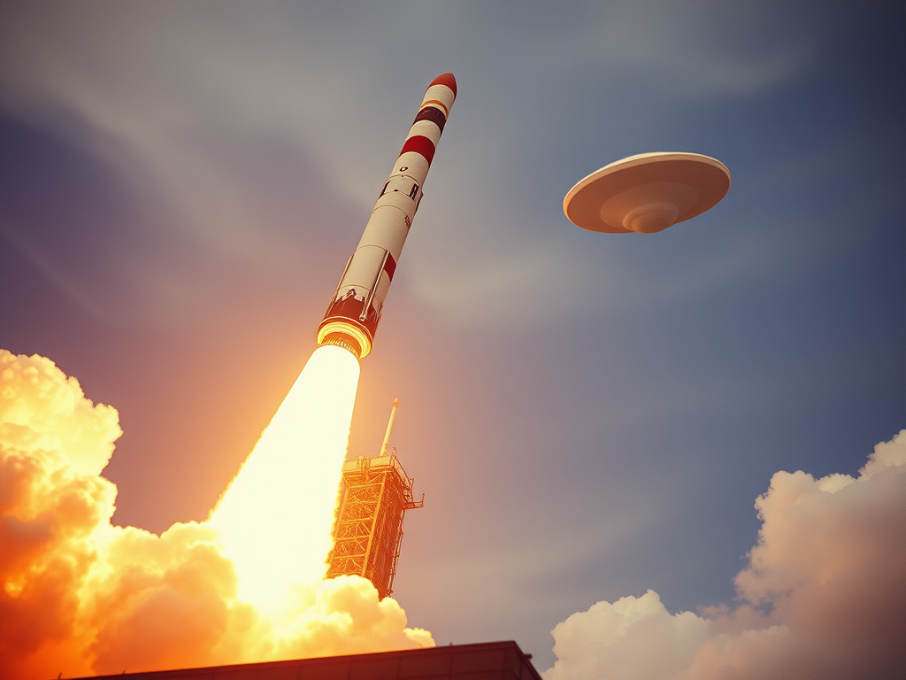 An illustration of a rocket blasting off with a flying saucer hovering in the sky above.