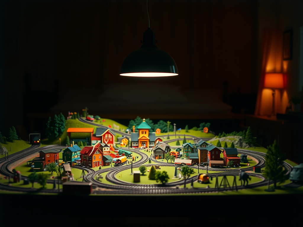 A light shines down illuminating a model train village on a tabletop.