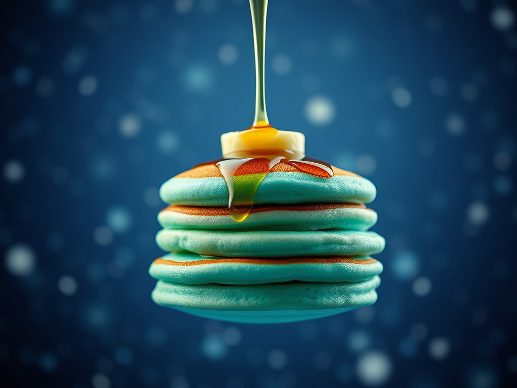 Syrup pours down on a stack of pancakes floating in space.