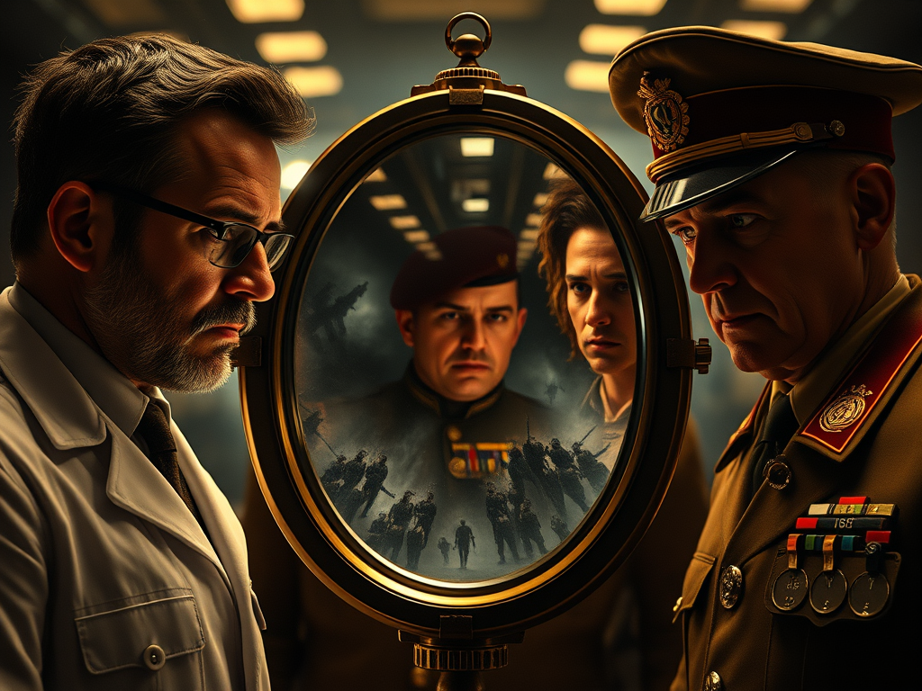 Shady characters standing if front of a device for seeing the future.