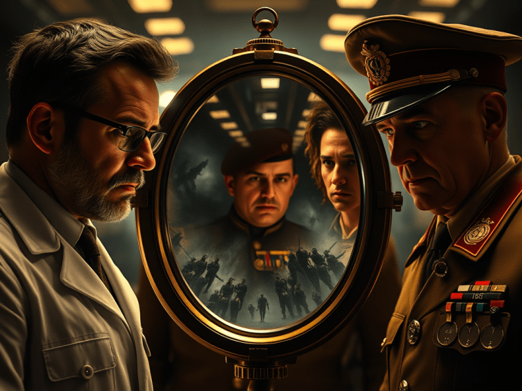 Shady characters standing if front of a device for seeing the future. 