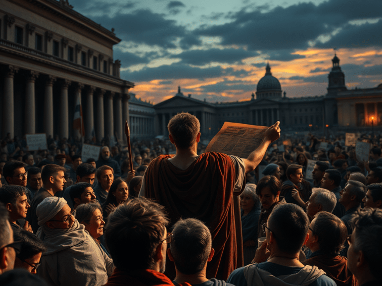 An orator with scroll in hand, stands in an ancient forum and speaks to a crowd of people.