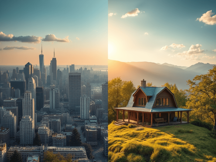 An image contrasting big city life with rural living.