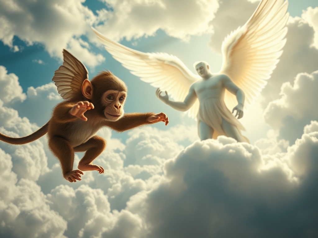 An image depicting a flying monkey and a powerful angel preparing to do battle. 