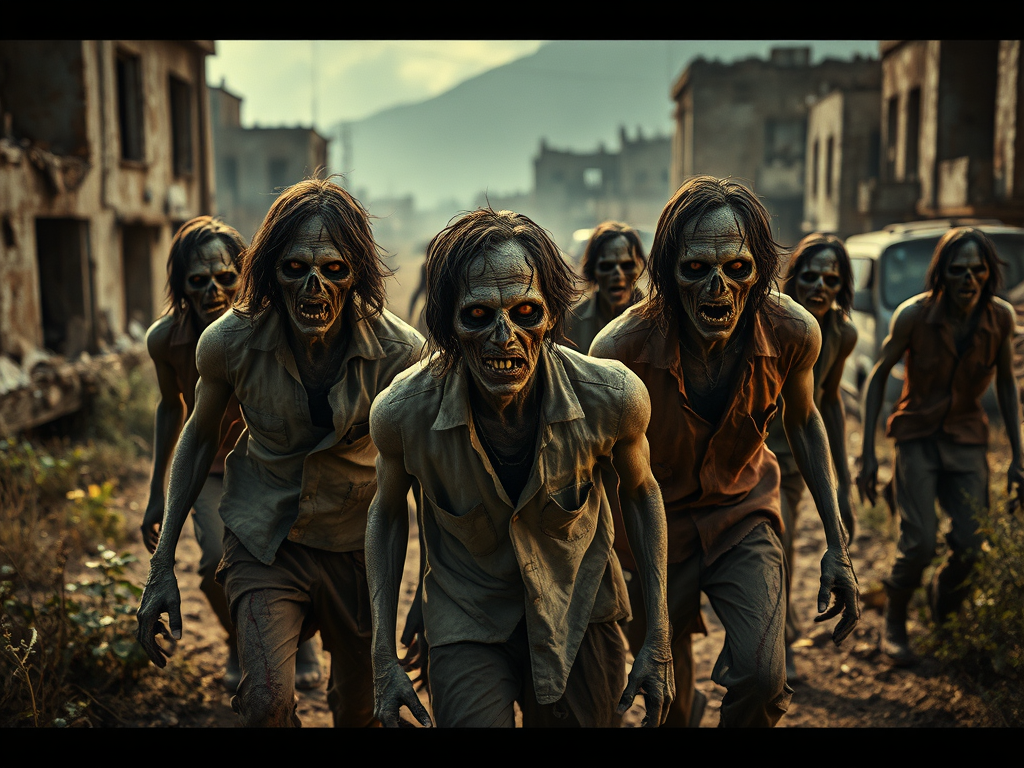 An illustration depicting zombies wandering a devastated city-scape. 