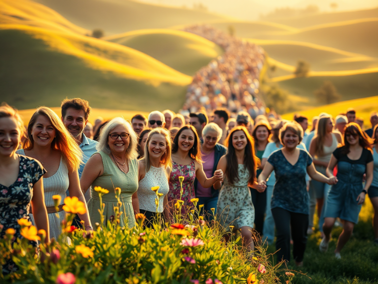 A multitude of happy people of all ages stands hand in hand in a beatific natural setting.