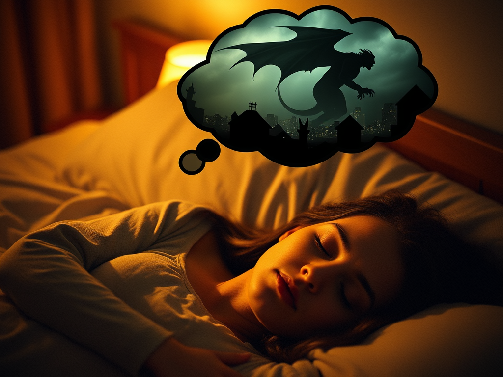 A depiction of a sleeping woman having a nightmare.