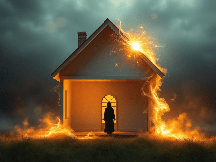 A shadowy figure stands before a house on fire. 