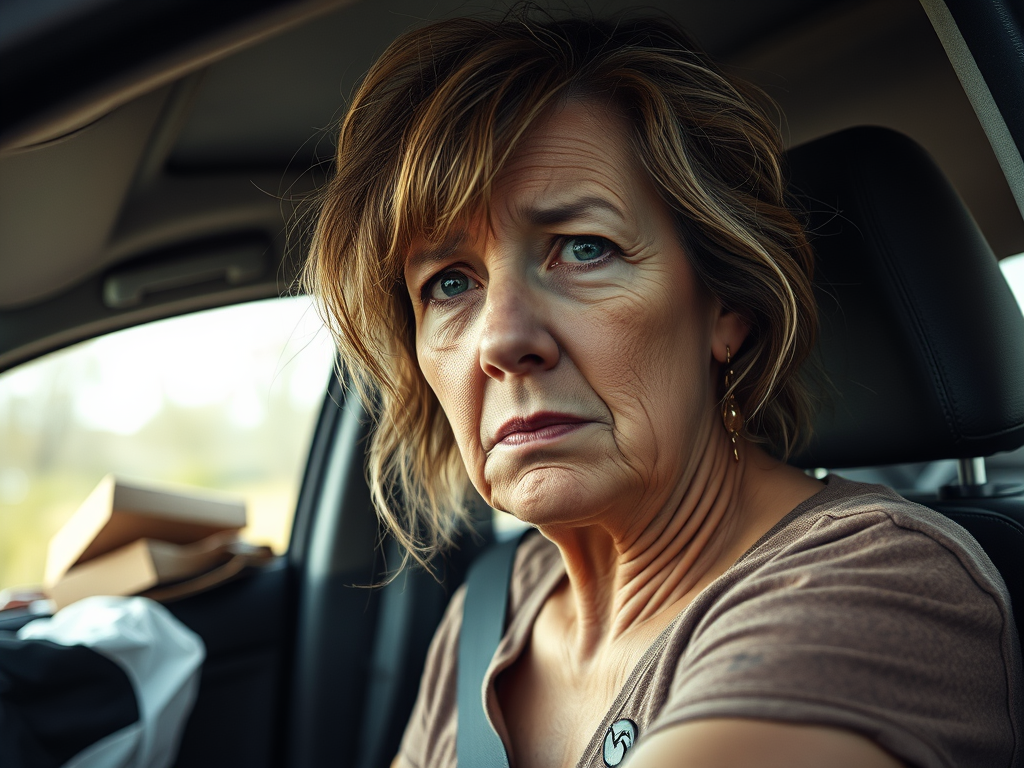 An image depicting an older woman full of bitterness and regrets. 