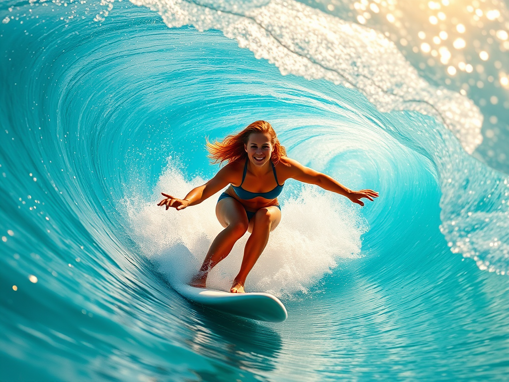 A woman rides a surfboard in the curl of an ocean wave.