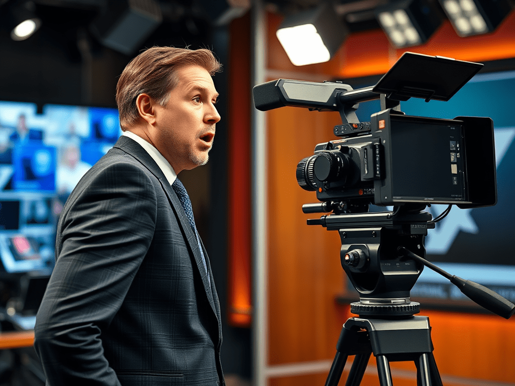 A side view of an anchorman on a Newsroom set.