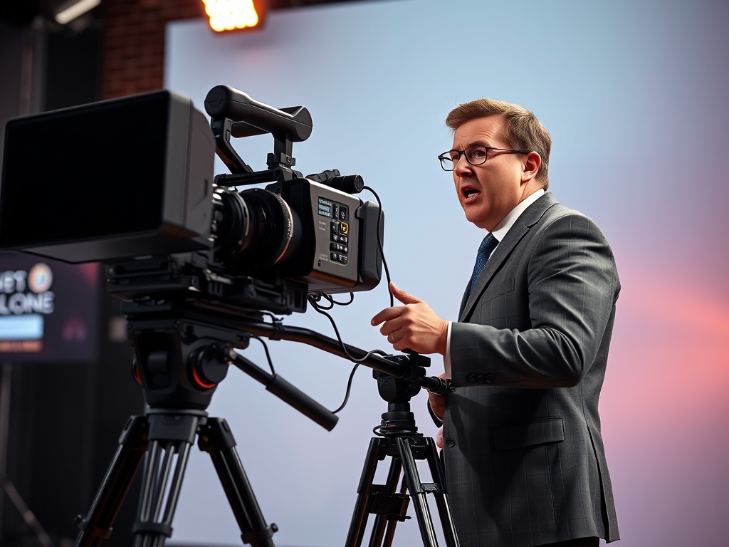 An image depicting a news reporter/journalist speaking to a television camera. 