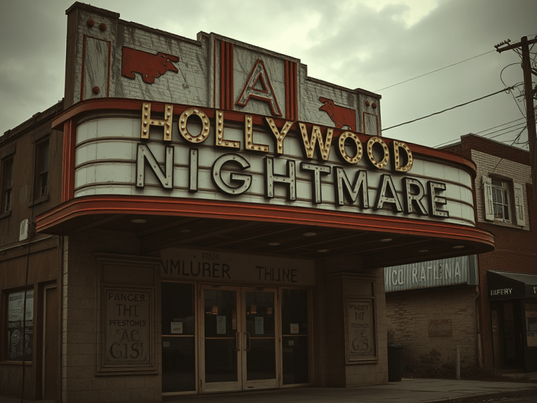 A marquee on an old theater spells out "Hollywood Nightmare".
