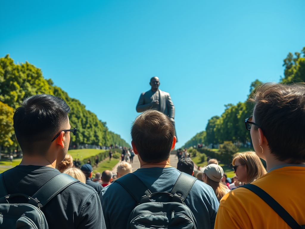 People gather to admire the statue of a person of distinction. 