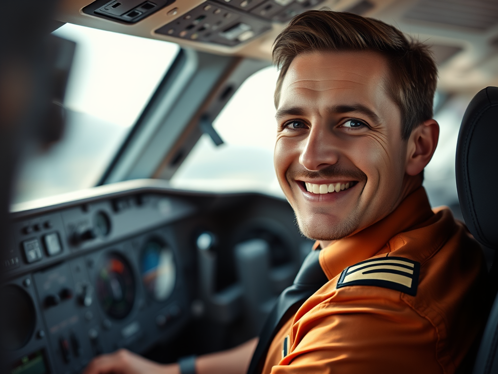 A young, smiling male pilot sits at the controls of a modern commercial jet liner. 