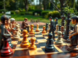 A chessboard featuring various chess pieces and figurines of people on the board.