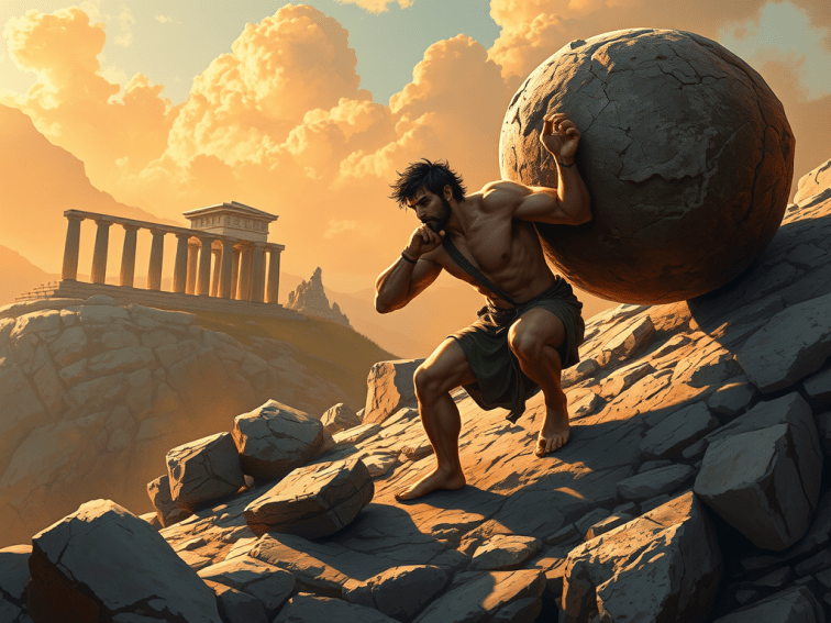 A man in ancient Greece is struggling under the weight of a huge boulder. 