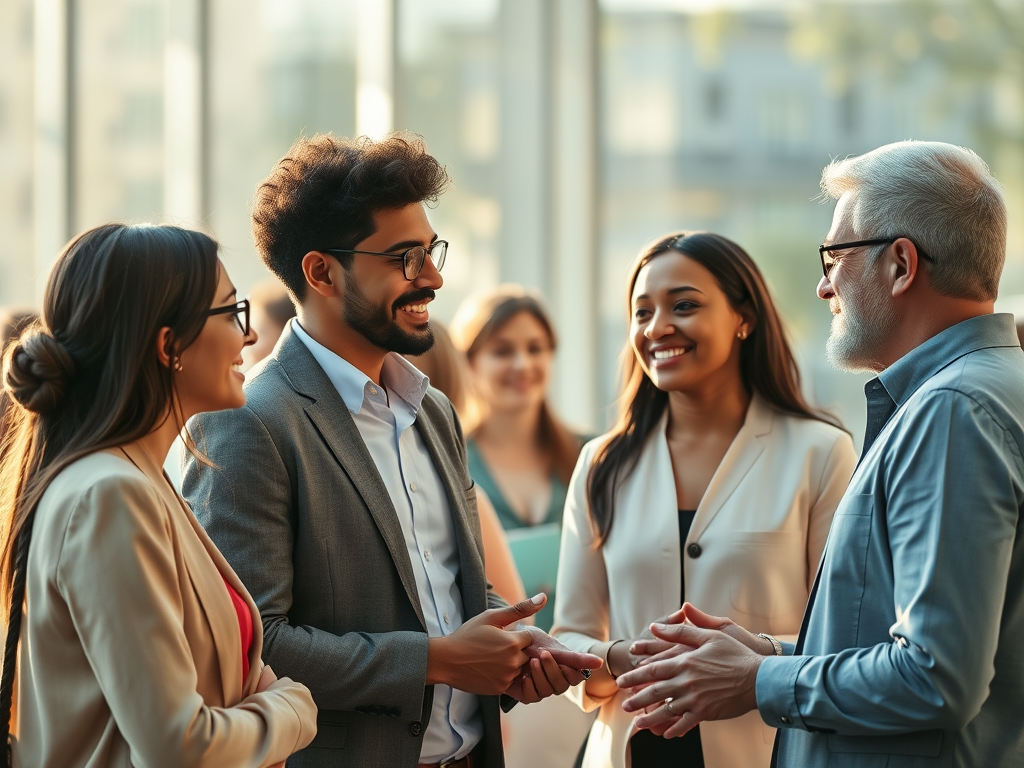 A diverse group of people share ideas and information in a chance encounter. 
