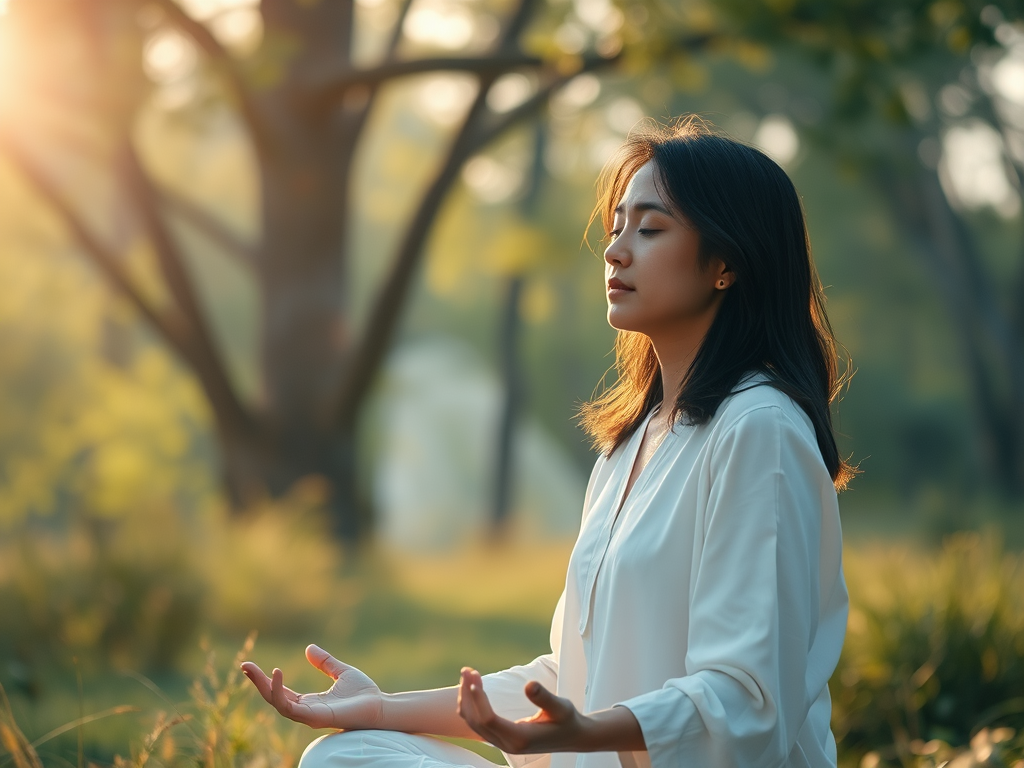 A young woman in a relaxed state of meditation looks calm and composed. 