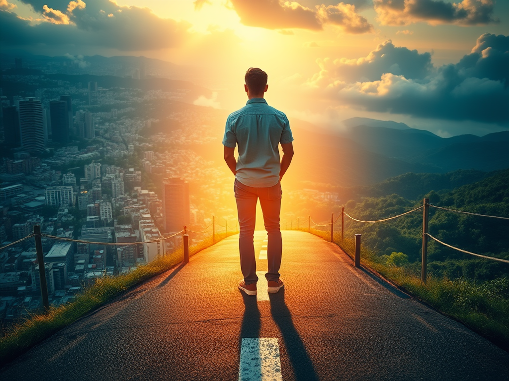 A man stands on a path with a shining golden light illuminating his path