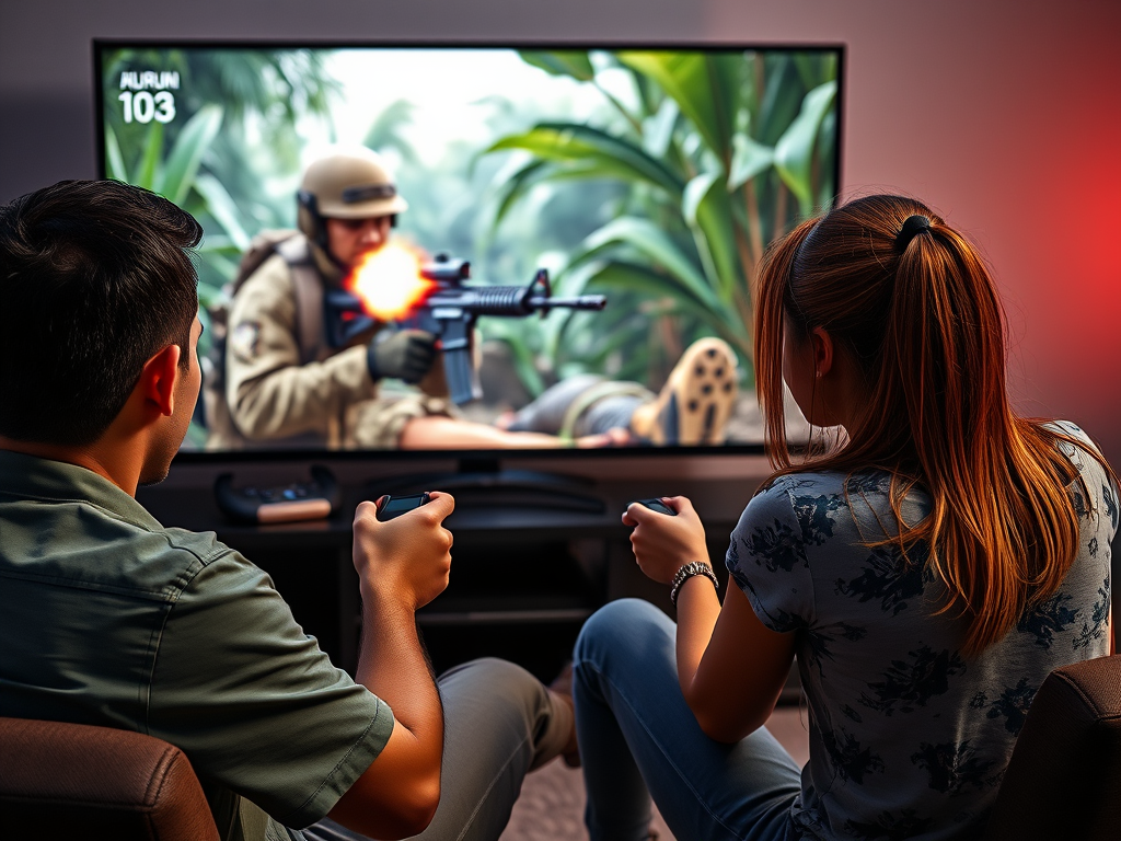 A male and a female teenager play a computer video game.