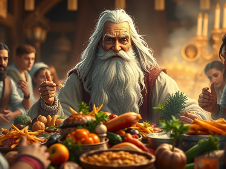 An image of a wise old father sitting at the head of a banquet table surrounded by children.