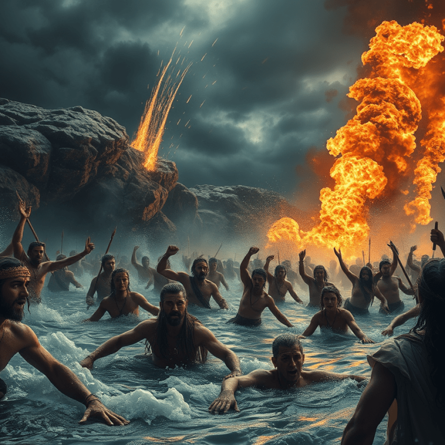 An illustration to depict a world wide flood in ancient times. 