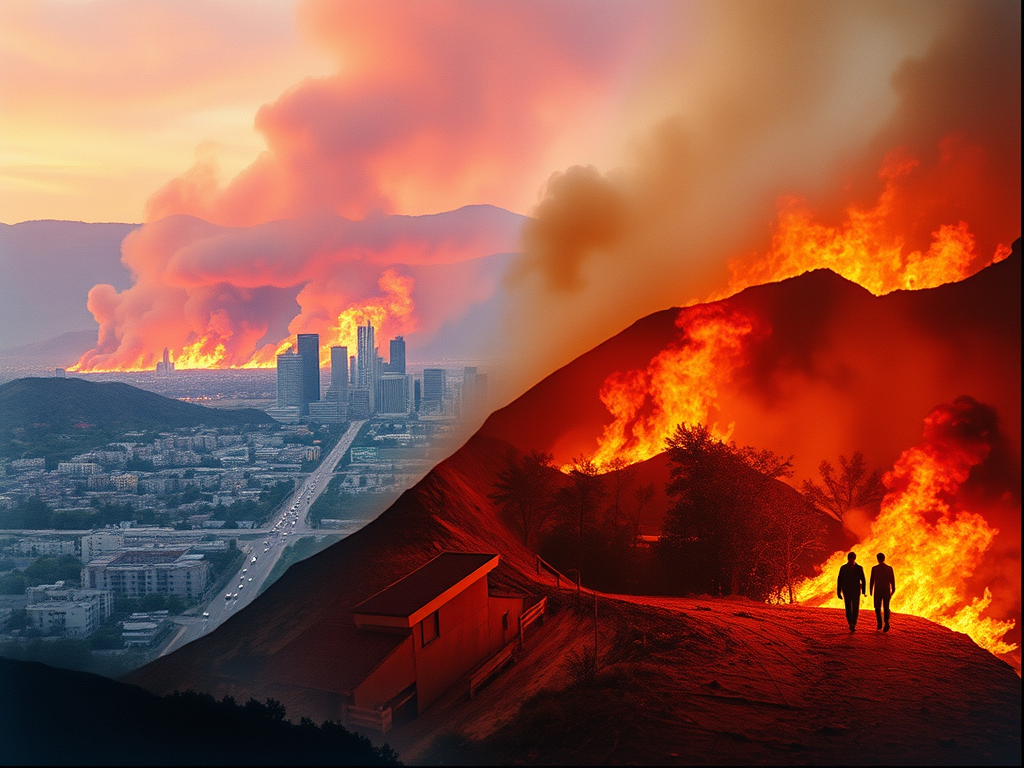 An image to depict the atmosphere of impending catastrophe surrounding Los Angeles, California. 