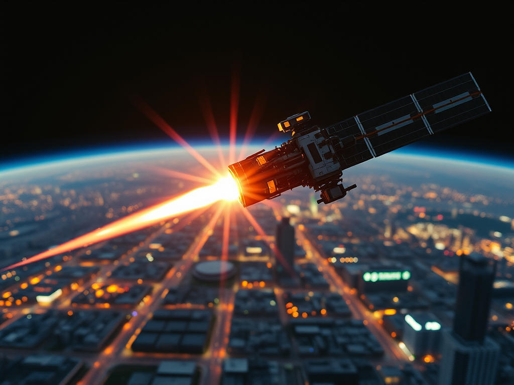 An image depicting a Direct Energy Weapon fired from Earth orbit. 