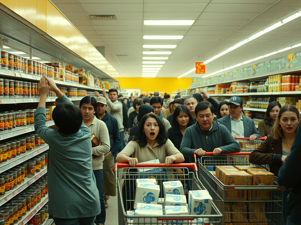 An image of people "panic buying" goods in a grocery store. 