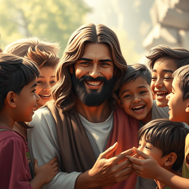 An image of a smiling Jesus surrounded by happy children.
