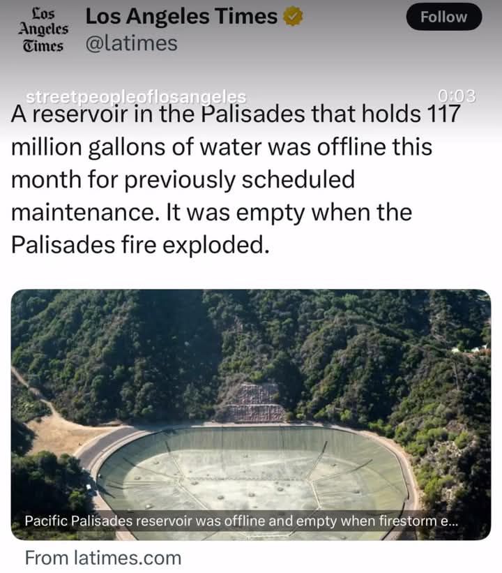 A meme which exposes the empty water reservoir for Pacific Palisades, CA