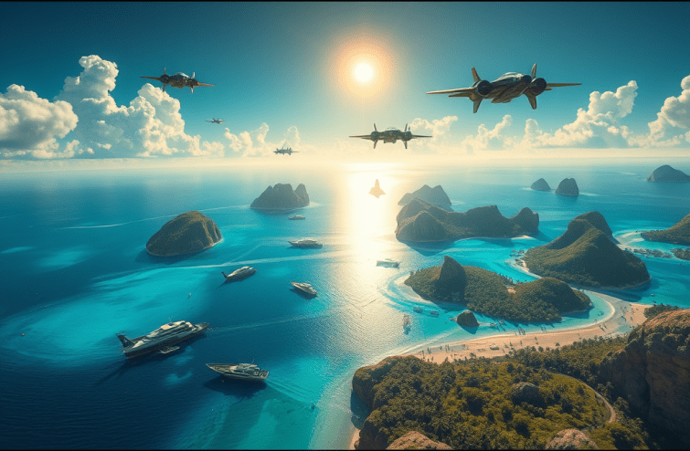 A depiction of an oceanic extraterrestrial planet with tropical islands, boats on the water and aircraft in the sky.