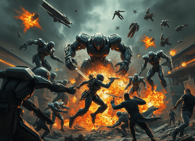 The image depicts a future war between robots and humans.