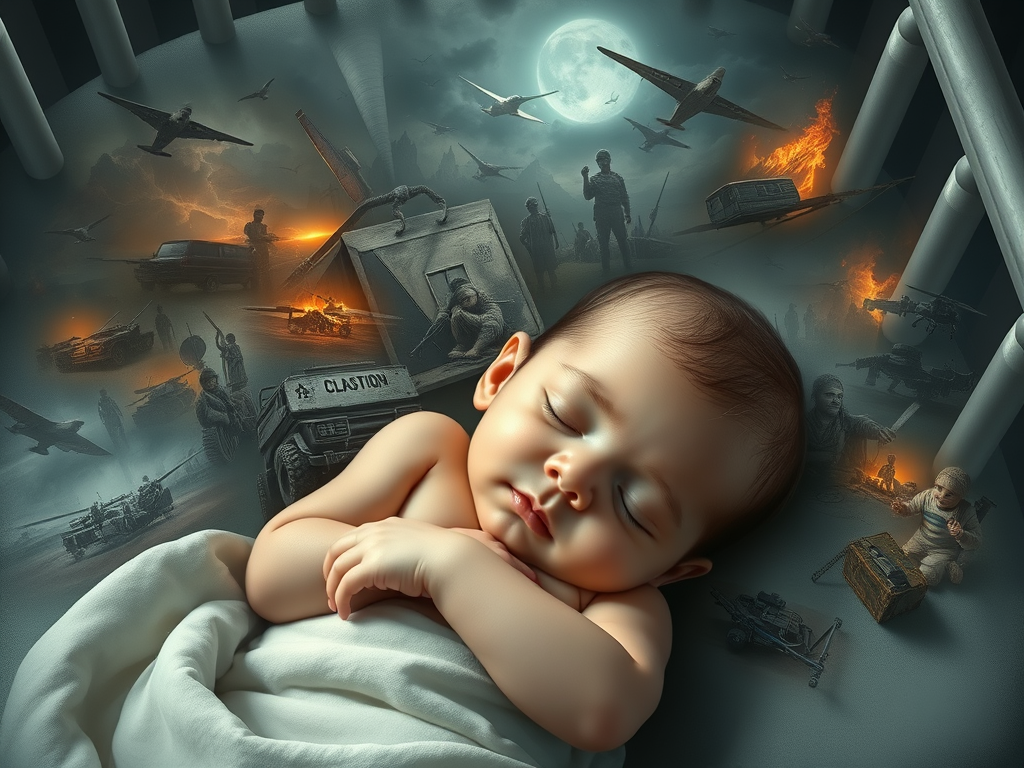 A sleeping baby in the midst of a collage depicting conflict. 