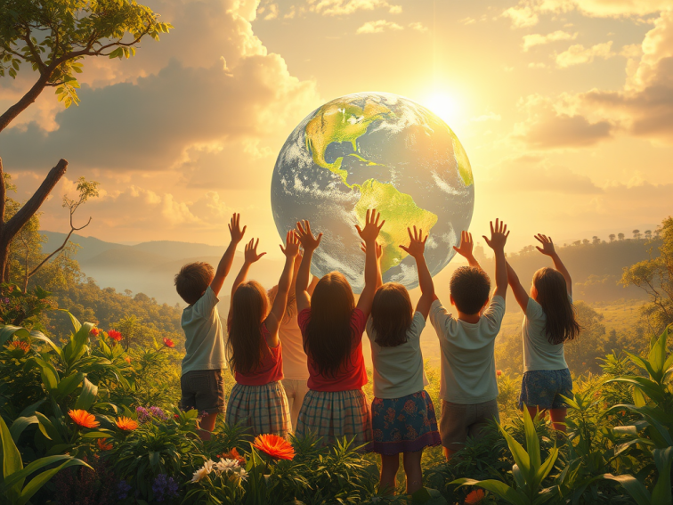Children with upraised arms meditate and visualize a renewed planet Earth.