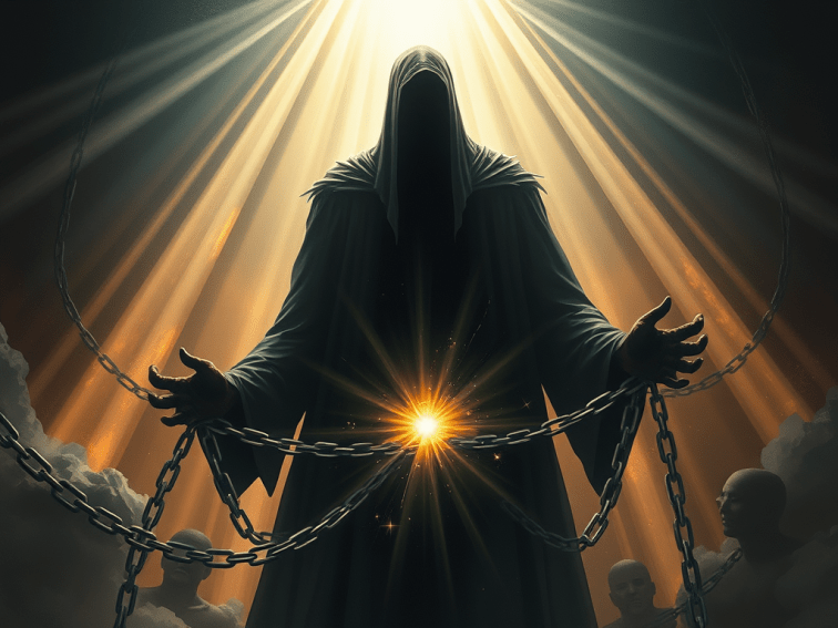 A cloaked figure in chains is illuminated by a light from above. 